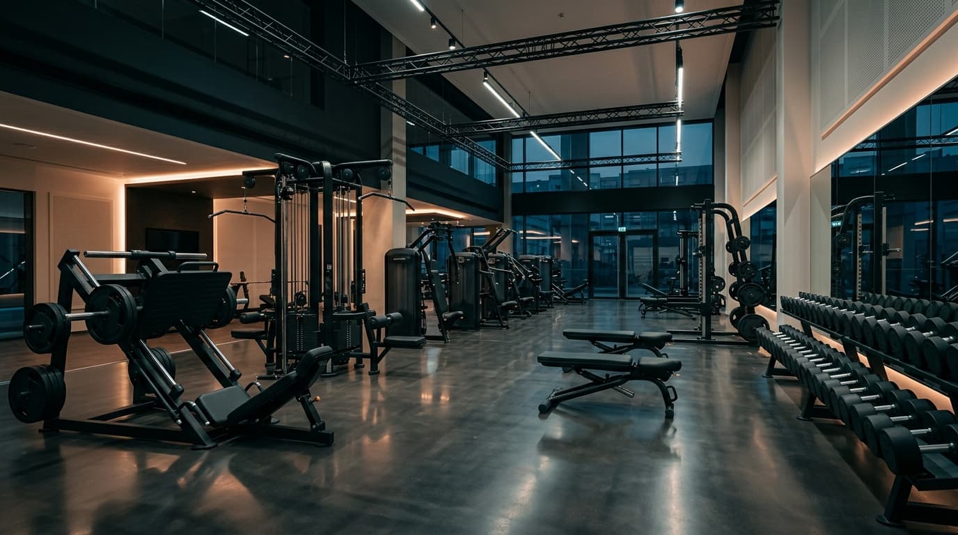 Academia moderna e sofisticada com equipamentos profissionais de musculação Aaron Comercial